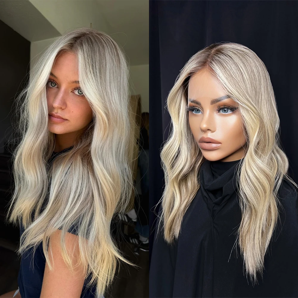 Aschblonde Perücke mit Highlights, natürlichen braunen Ansätzen, synthetische Lace-Front-Perücke, vorgezupft, lockere Wellen, für Damen, Cosplay, Party