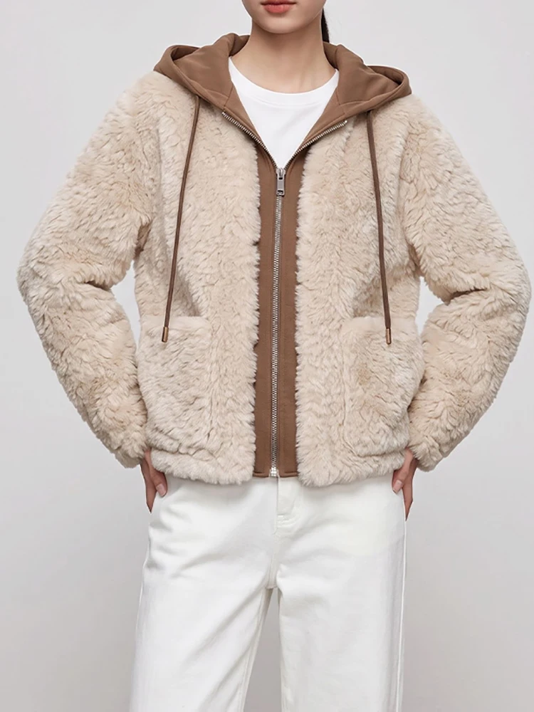 Women's color-blocked hooded sheepskin coat - long-sleeved loose-fitting plush fall casual versatile top - 2026 new style