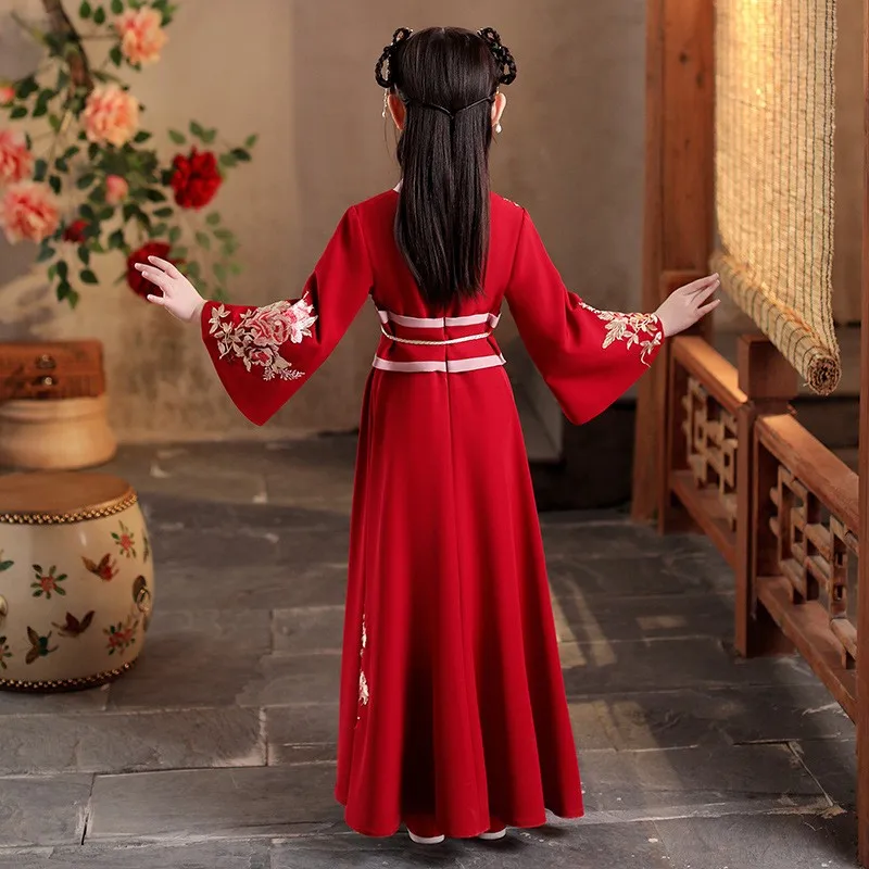 Vintage Kids Embroider Flower Hanfu Tang Suit Elegent Children Birthday Dress Costume Girls Red Chinese New Year ClothesCosplay