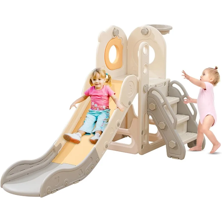 Freestanding Toddler Slide 5 in 1 Indoor Playset for Toddlers 13 L Shaped Slide with Basketball Hoop Baby Climber for Indoor Ou