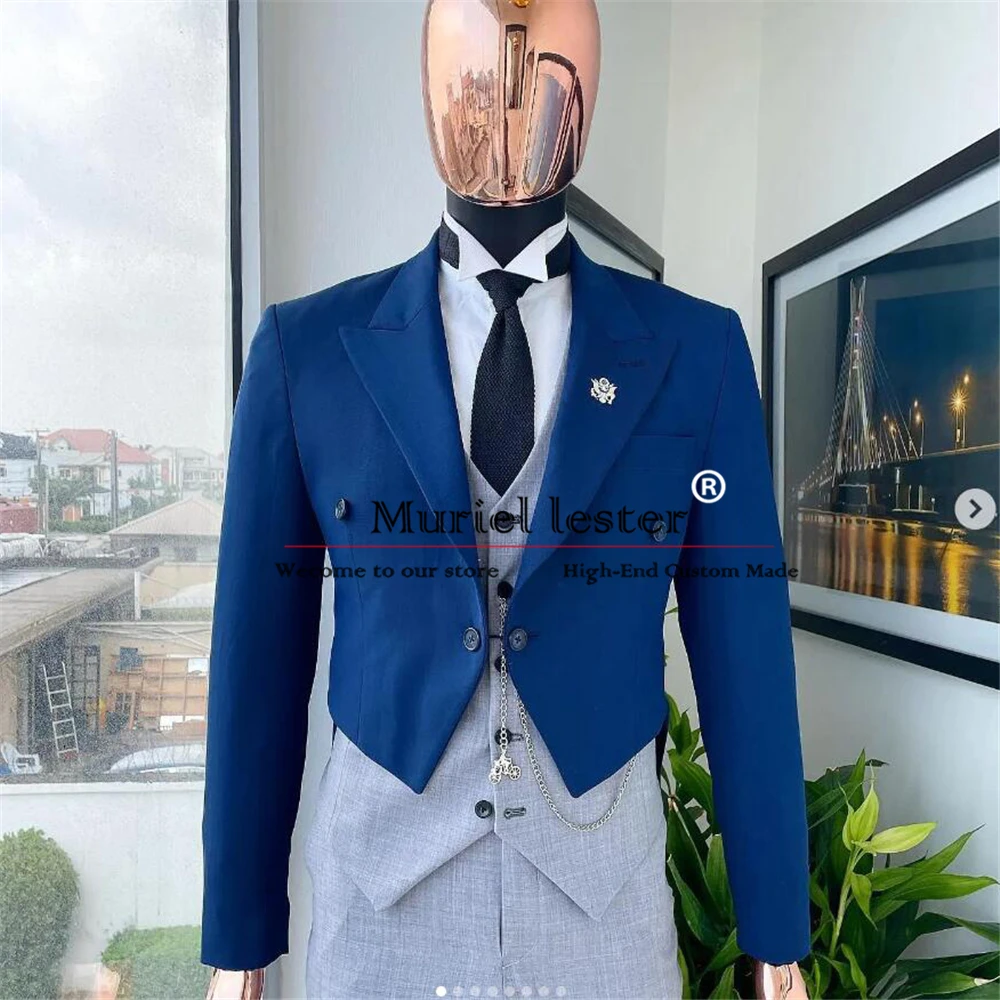 

Elegant Groom Wedding Suits For Men Slim Fit Navy Blue Jacket Long Grey Coat Pants 3 Pieces Formal Business Tuxedos Man Clothing