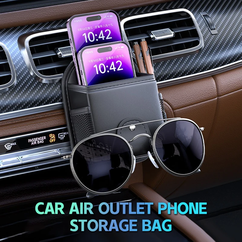 

Practical Leather Car Phone Holder; Air Vent Mount and Multi-purpose Storage Box