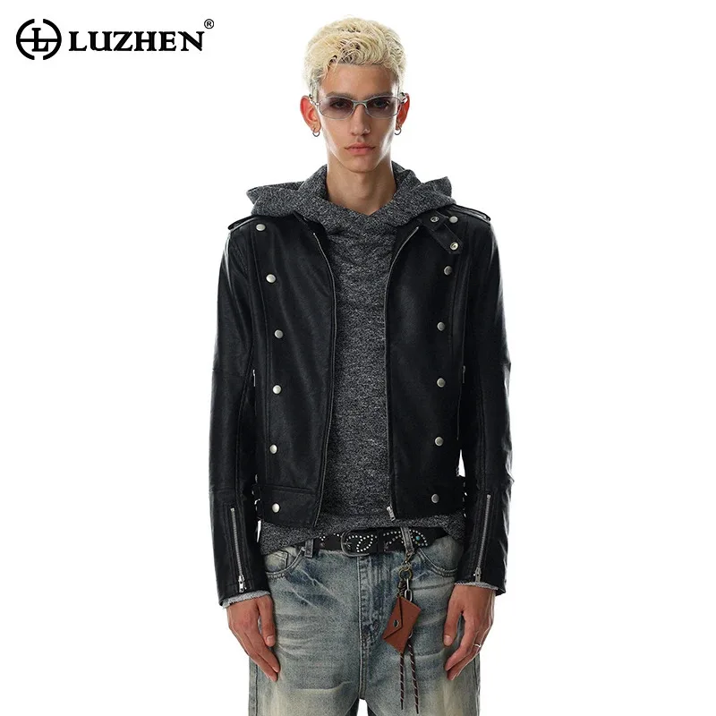 LUZHEN 2026 New Double Breasted Decorate Metal Buckle Belt Zipper Leather Jacket Men's Handsome Slim Motorcycles Clothes JY8925