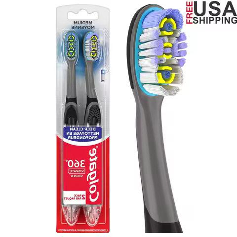 360 Vibrate Deep Clean Toothbrush Battery Powered Adult Travel Oral Hygiene Floss Tip Bristles Sonic Technology 2-Pack