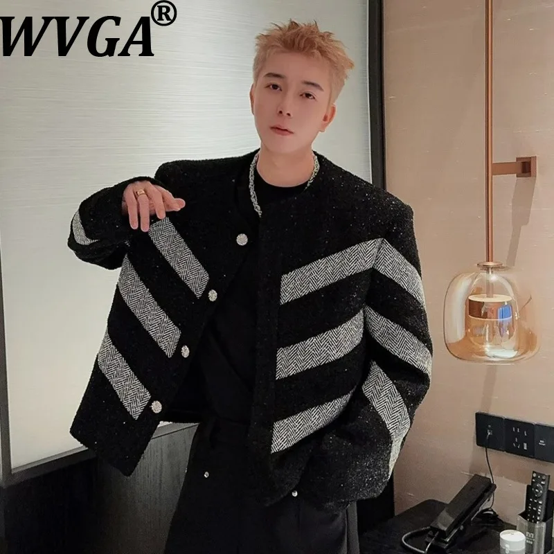 

WVGA Spring Autumn New Men Tide Color-Block Trendy O-Neck Jackets Niche Chic Casual Shoulder Padded Long Sleeve Coats Ins W16041