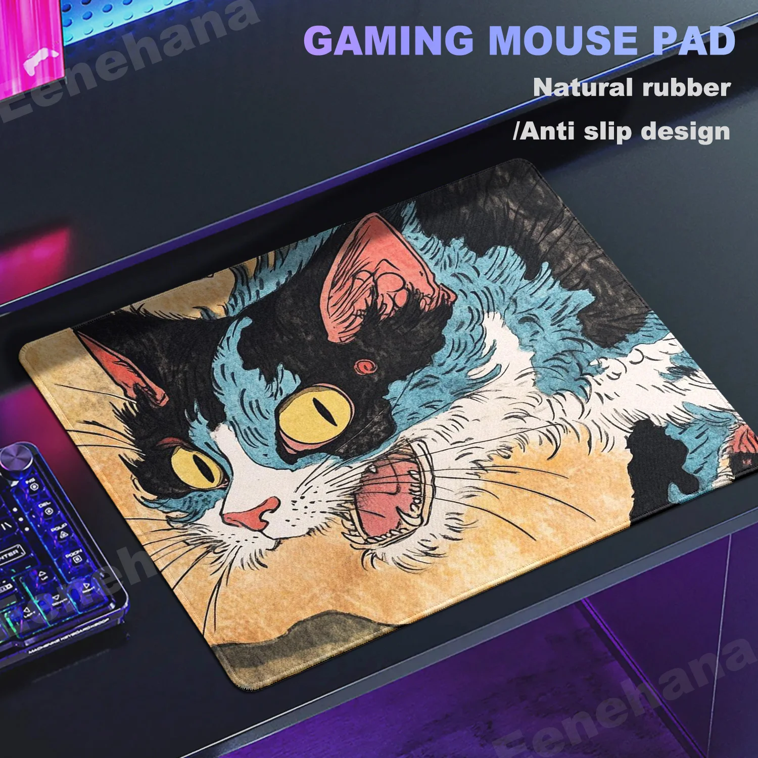 Tapis de souris Ukiyoe HD, petit chat mignon, tapis de souris en caoutchouc E-Sports, design de bureau, accessoire de bureau de jeu