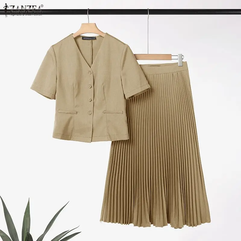 2026 ZANZEA Women Elegant Sets Summer V-Neck Short Sleeve Loose Shirts and Pleated Long Skirts Casual Dress Sets Solid 2pcs