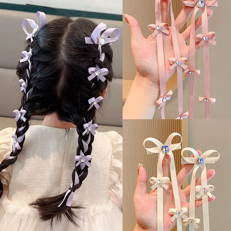 

2 шт./компл., милые длинные заколки для волос с бантом для девочек, блестящая плетеная повязка для волос со стразами, детские головные уборы с кисточками, детские аксессуары для волос