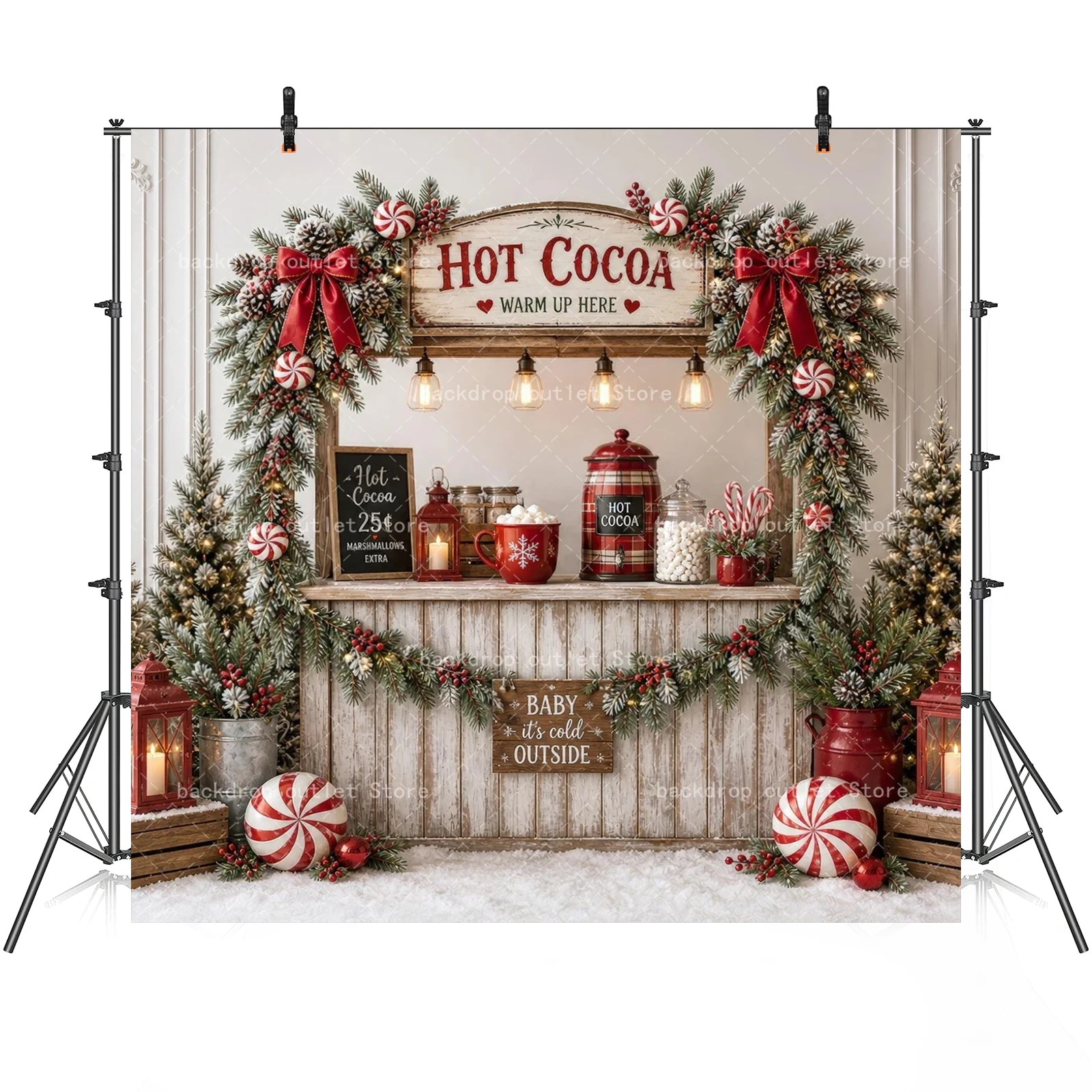 Mehofond Christmas Hot Cocoa Bar Photography Backdrop Candy Cane Arch Door Xmas Tree Kids Winter Holiday Photo Background