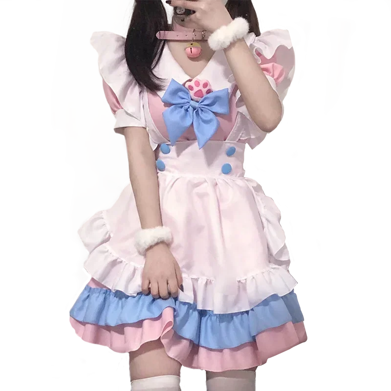 Anime Maid Lolita Cosplay Costume Pink Dress Cat Claw Maid Bow Includes Bell Collar and White Stockings