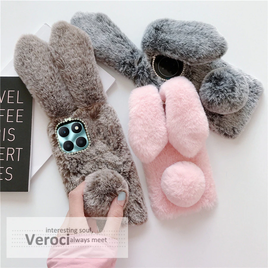 Cute Fluffy Rabbit Fur Phone Case For Huawei Nova 8 8i 9 SE 10 11 Pro 11i 9Z Plush Bunny Cover Cartoon Soft Shell