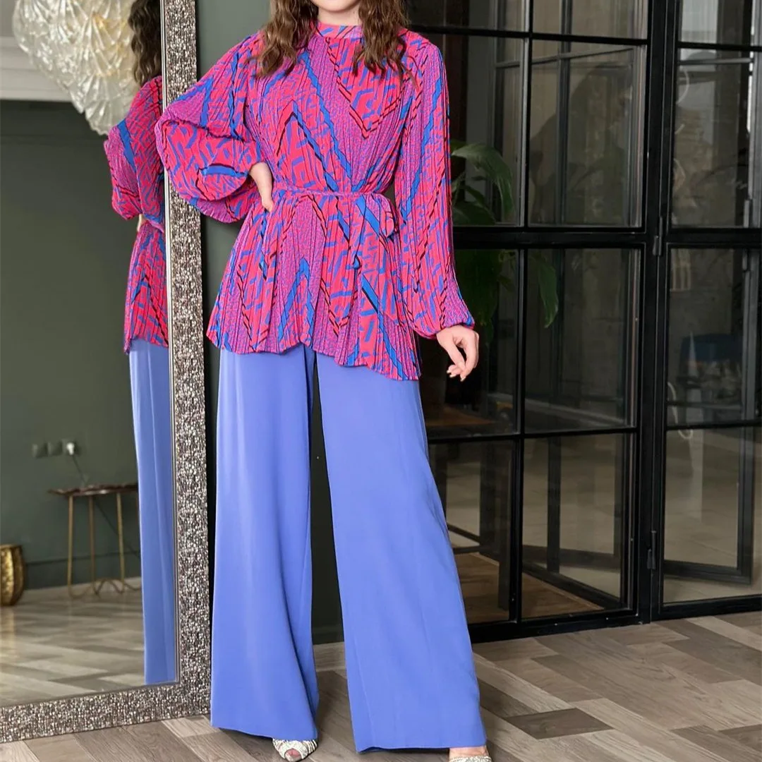 Eid Muslim Set donna 2 pezzi Set Musulman Ensemble Split Print Lace Up camicette pantaloni a gamba larga abiti Casual arabi Ramadan