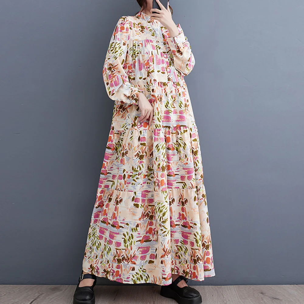 Korea Spring Women Floral Dress Plus Size Casual Pleated Woman Dress Fashion Ladies Womens Print Long Sleeve Dresses Vestido Rob