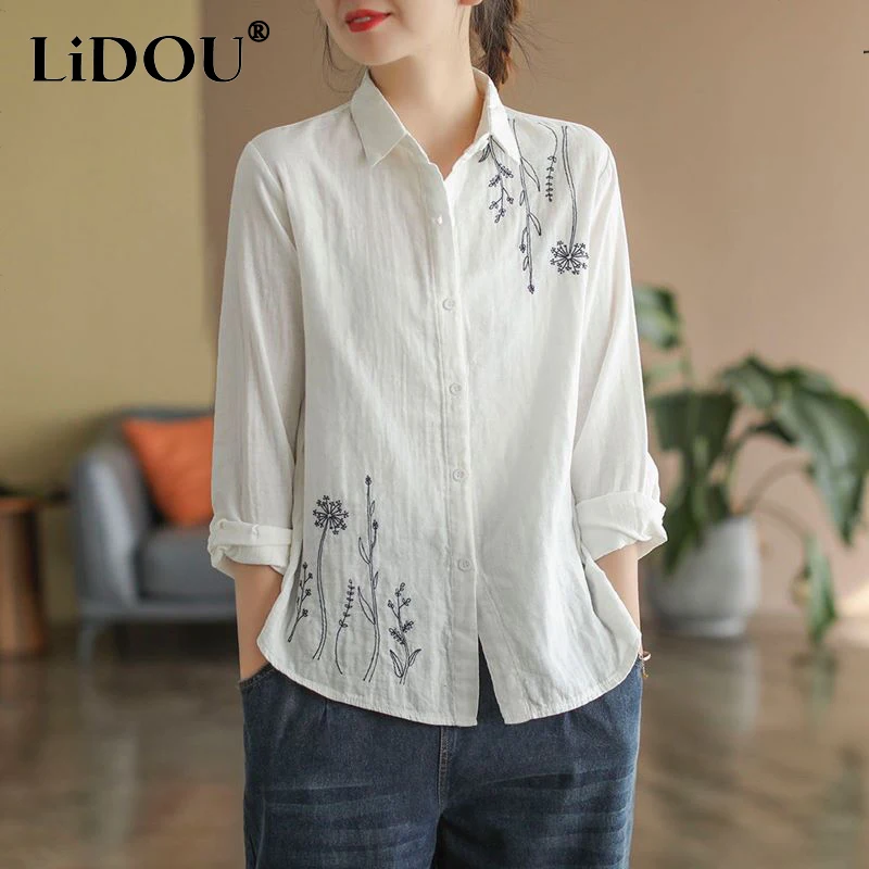 Spring Summer Polo-neck Cotton Linen Embroidery Shirt Lady Long Sleeve Casual Fashion Literary Vintage Cardigan Blouse Top Women