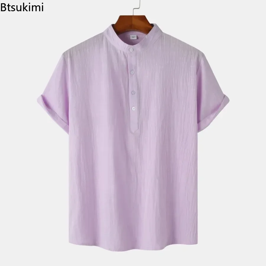 Blus Atasan Pria lengan pendek, blus pantai pria nyaman katun Linen kasual kerah berdiri polos musim panas