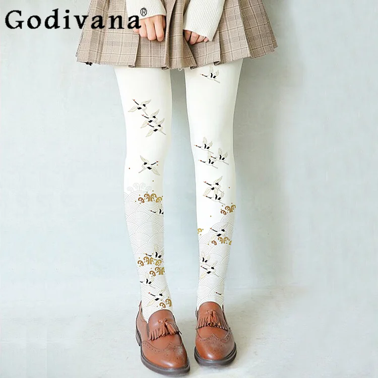 2024 Japanese Print Velvet White Sexy Stocks Girly Sweet Cute Kawaii JK Fashion Socks Women Slim Casual Tight Panthose Leggings