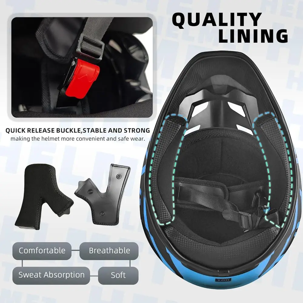 Youth & Adult Motocross Helmet Set with Gloves, Goggles, and Mask - DOT Certified, Blue, X-Large