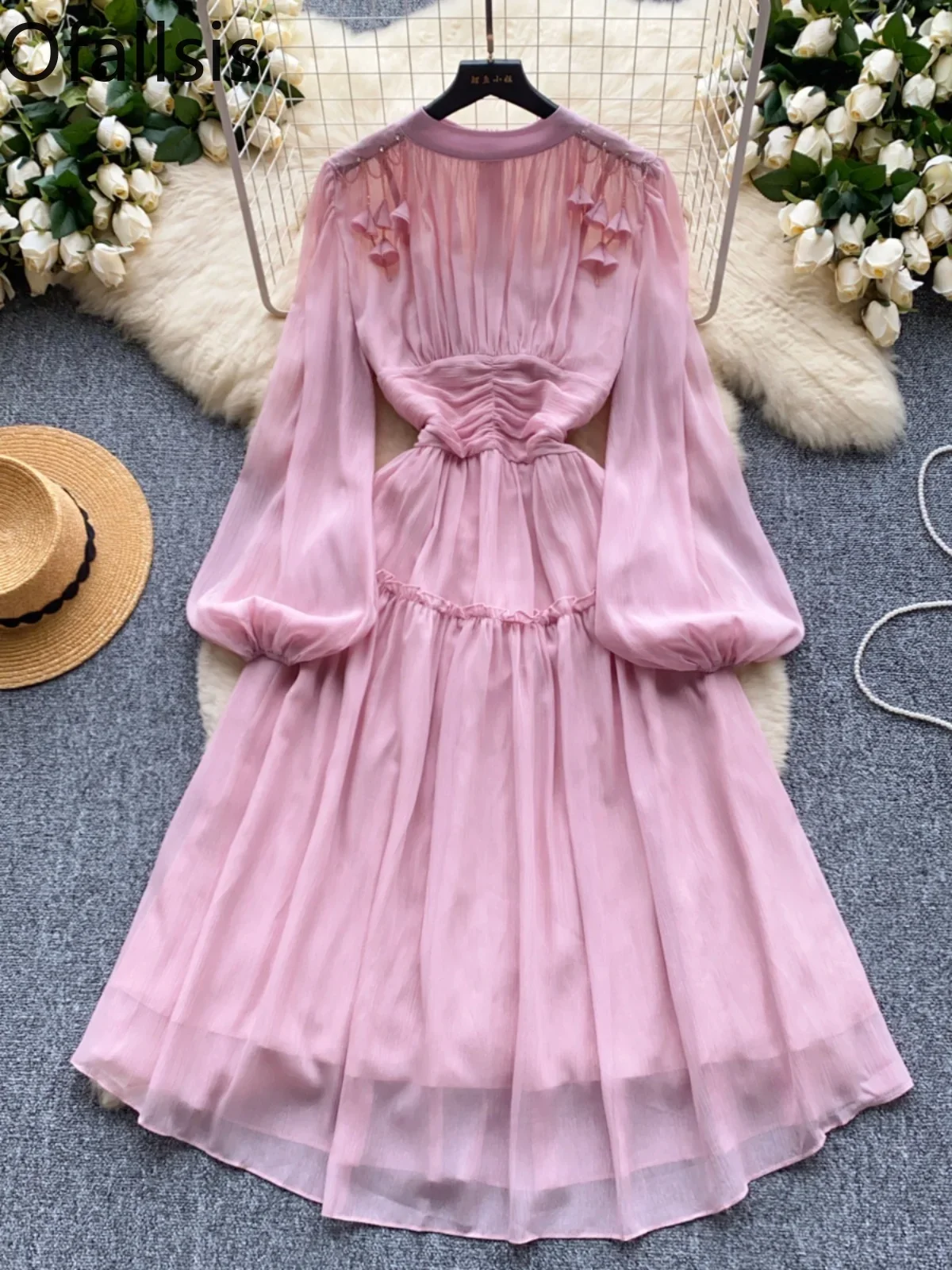 Ofallsis O neck High end Bead Tassel Dress 2024 Autumn New Pleated Waist Slimming Lantern Sleeves Large Swing French Dresses