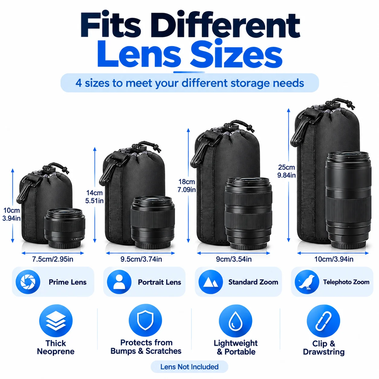 Camera Lens Pouch Set Thick Neoprene Protective Cases S M L XL with Belt Loop Clip for Travel Storage