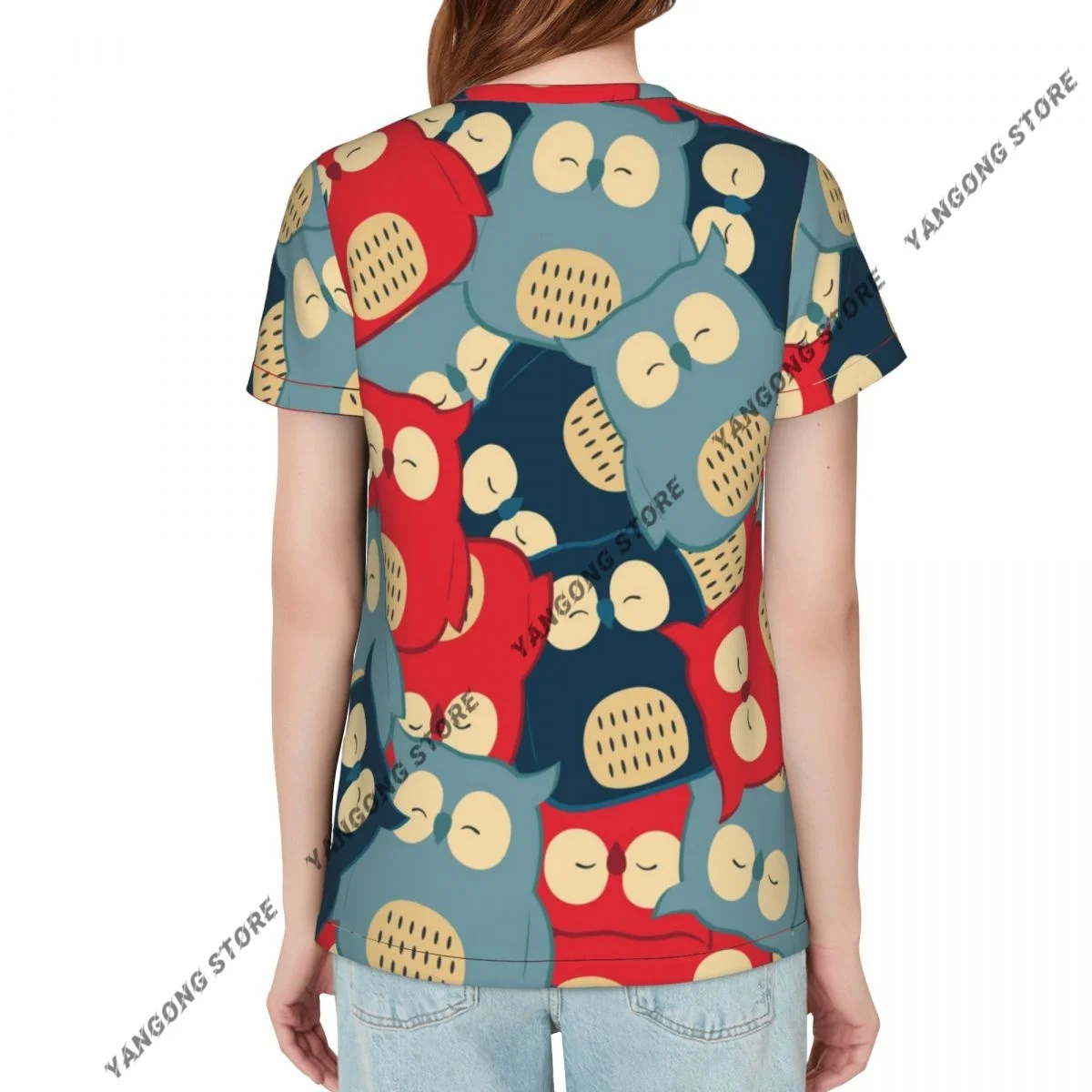 Women's T-shirt Cute Animal Big Eye Owl Red Blue Pattern Tshirt Women Casual O-Neck Short Sleeve Tops Tees Clothing