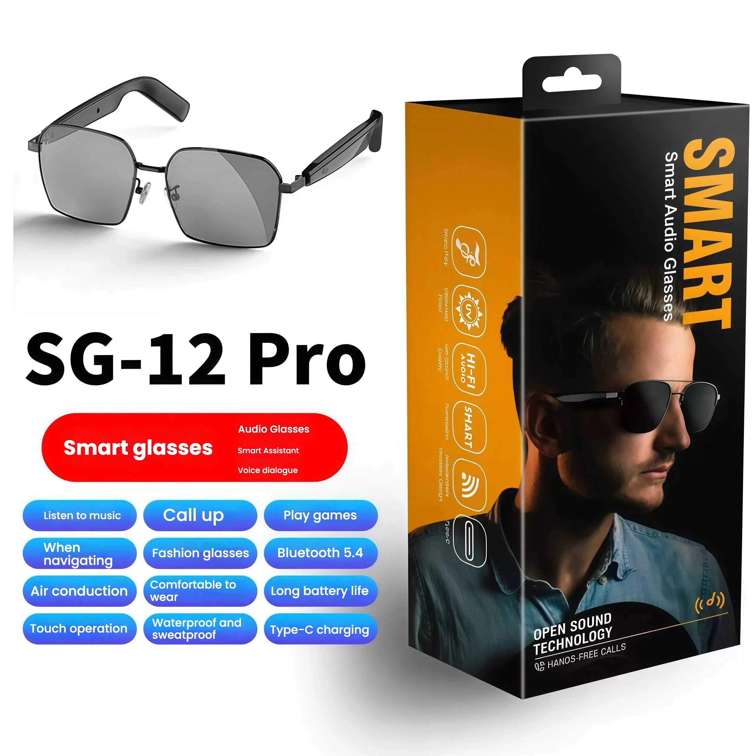 

Умные Bluetooth-очки SG12 Pro с аудио открытым ухом, громкой связью BT5.4, воспроизведение музыки, защита от ультрафиолета, двойной аккумулятор емкостью 80 мАч
