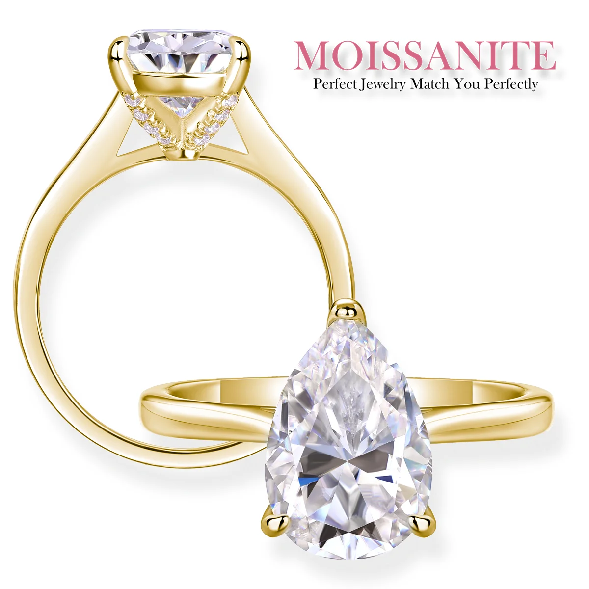 2.5ct Pear-Cut Moissanite Solitaire Ring, S925 Sterling Silver, 18K Gold-Plated, Hypoallergenic, Luxurious and Elegant Design