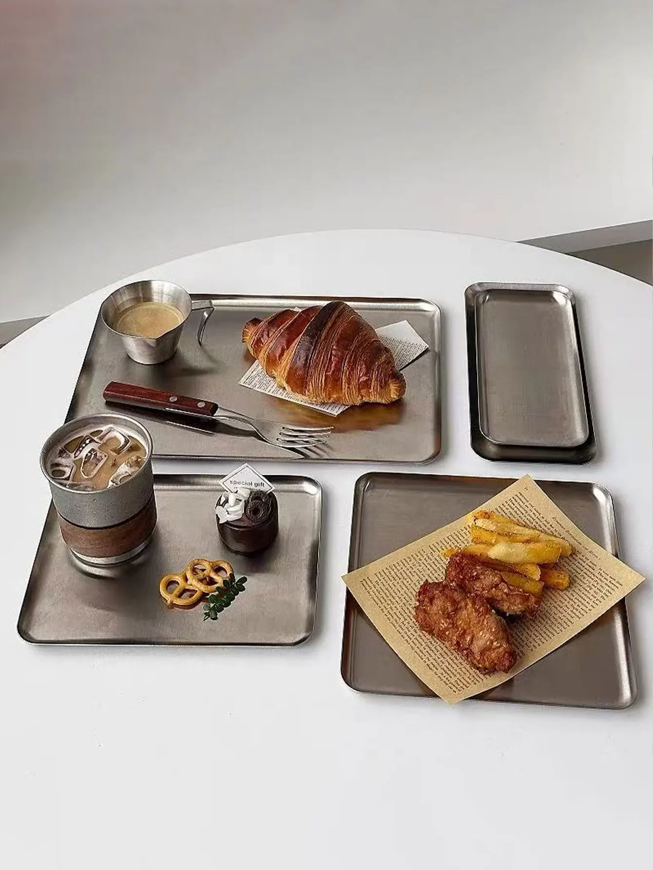 Korean-Style 304 Stainless Steel Rectangular Cafe Tray with Straight Edges, Silver Barbecue Plate, Flat Plate, Dessert Cake Plate, 1 Piece view 2