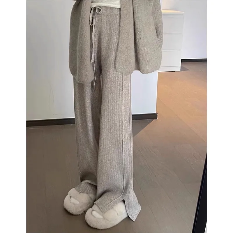 

2024 Wool Autumn New Soft Glutinous Straight Casual Pants Women's Drape High-Grade Split High Waist Knitted Wide-Leg Pants