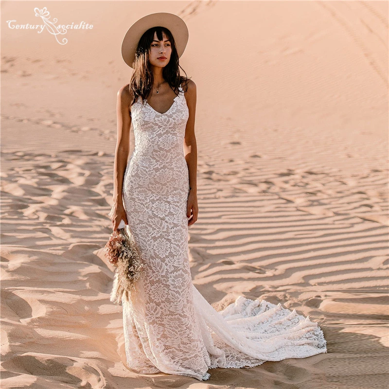 Boho Wedding Dresses Mermaid 2025 Lace Backless Spaghetti Straps Rustic Garden Bridal Gowns for Women Bride Customized