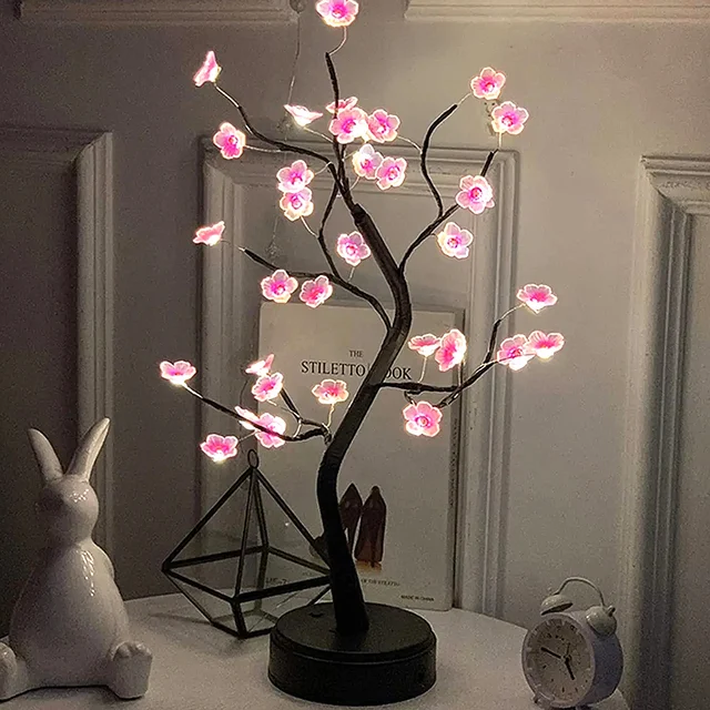 Lampka nocna z drzewem stołowym USB/zasilany z baterii przełącznik dotykowy sztuczny Bonsai kwiat wiśni drzewo na biurko lampa LED dekoracja świetlna
