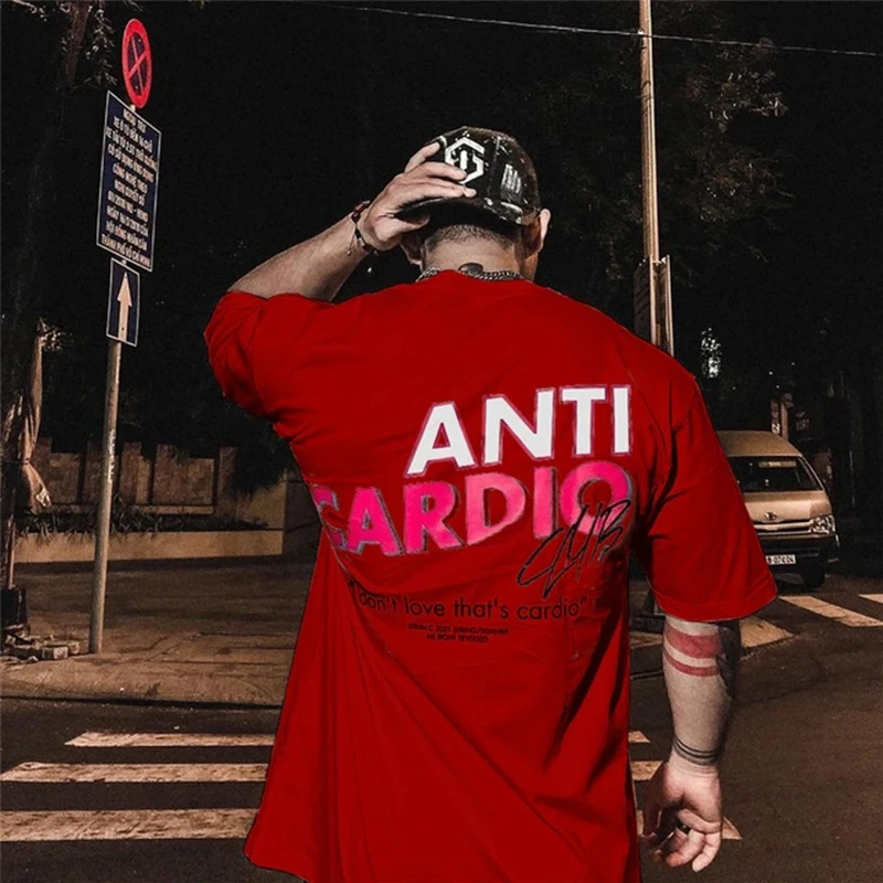 ANTI CARDIO Casual Oversized short sleeves cotton t shirt Gym Fitness Male Training Workout Cotton Tees Top New Fashion Clothes