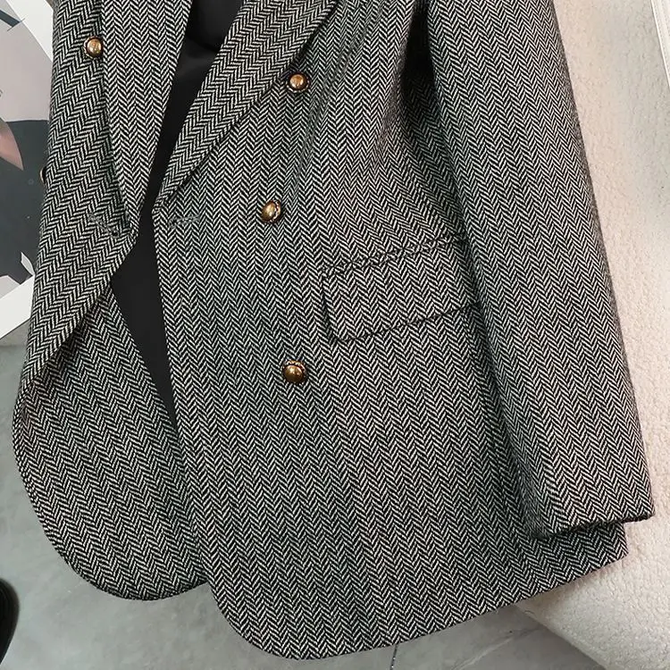 Autumn Winter New Chic Blazer Coats Women's Woolen Jackets Long Sleeve Notched Vintage Thick Outerwears Elegant Female Clothes
