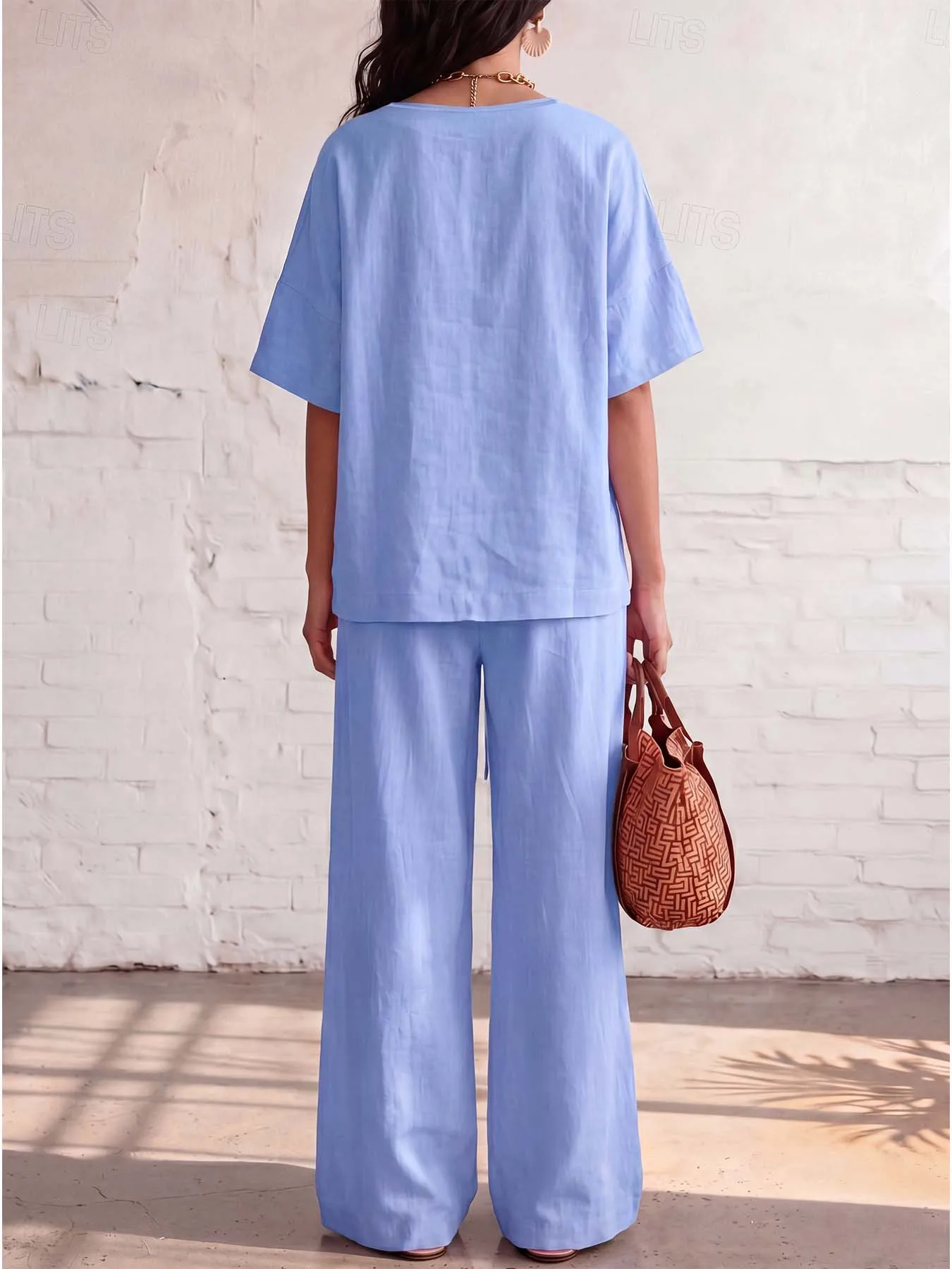 Asymmetrisches Oberteil aus 100 % Baumwolle für Damen mit Holzknöpfen und weit geschnittene Hose mit elastischem Bund und fließendem Schnitt – Lässiges Pendler-Set – Detail 12