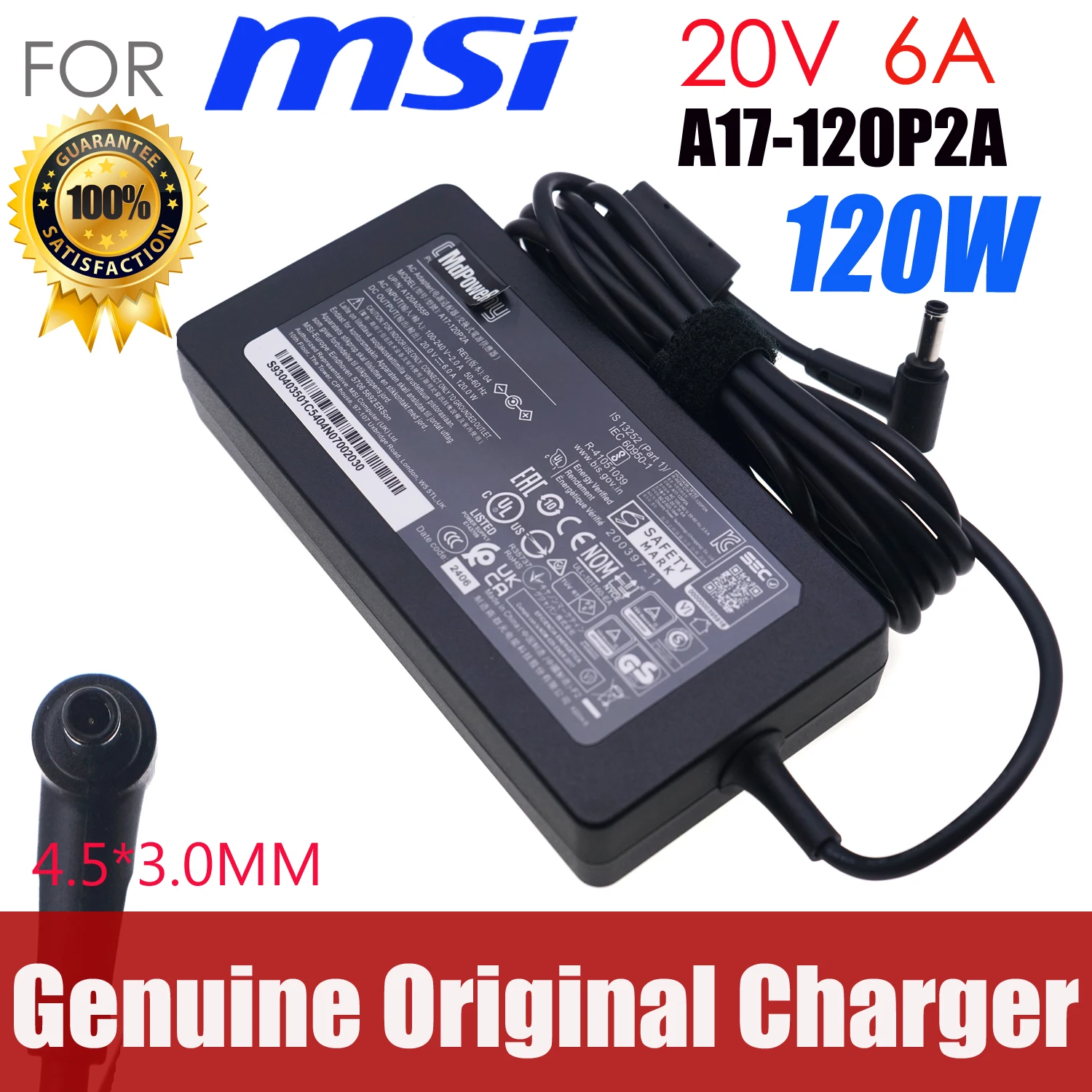 Replacement Laptop Charger For Chicony A17-120P2A For MSI GF63 THIN MS-16R5 A12A055P 20V 6A 120W Power Supply Adapter 4.5x3.0mm