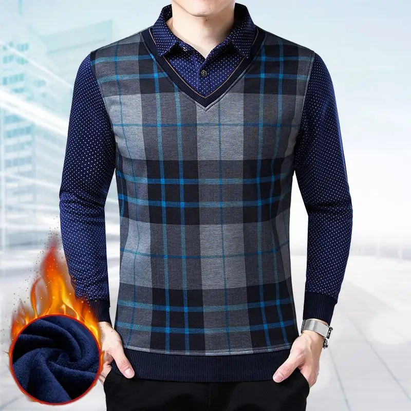 New Winter Fashion Trend Plaid Lapel Fake Two-piece Plush Thickened Long Sleeved Simple Casual Men's Loose and Warm Sweater