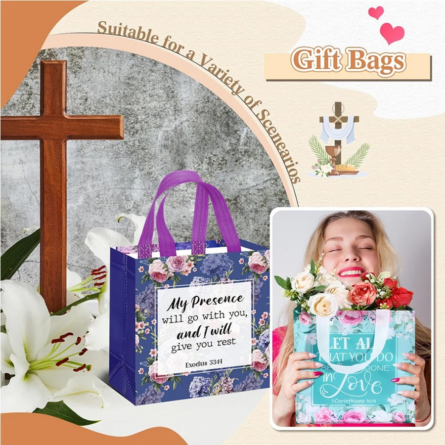 32 Pcs Bible Verse Flower Gift Bag with Handles Religious Reusable Gift Bags Bulk Christian Baptism Tote Bags Non Woven Gift Bag