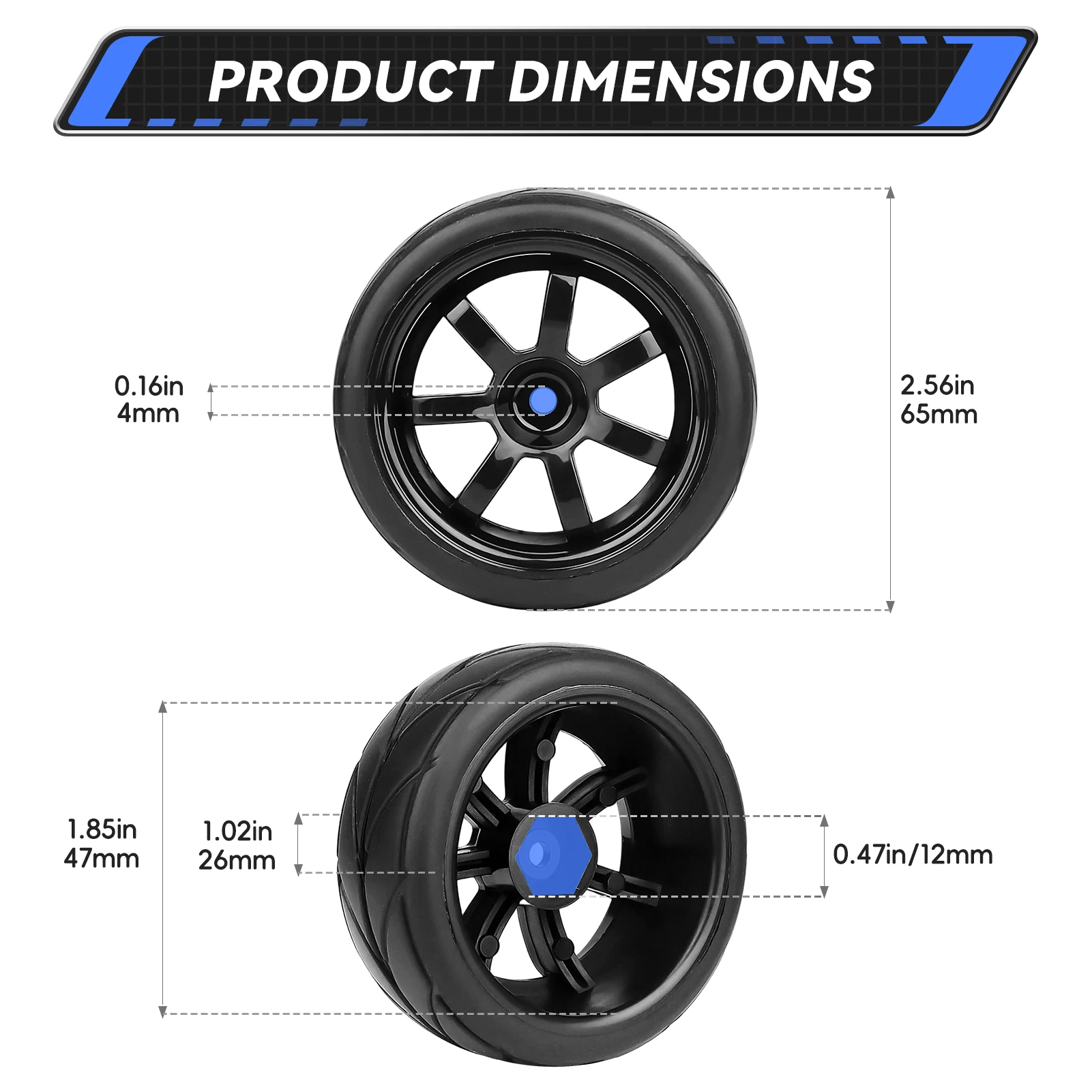 HobbyPark PreGlued 2.56' Rubber Tires and Wheels Rims 12mm Hex for 1/10 On-Road Touring Car Traxxas 4tec Tamiya TT02
