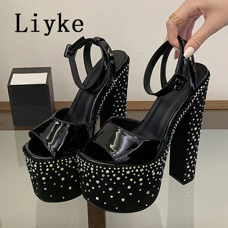 Liyke Fashion Crystal Rhinestone Thick High Heels Chunky Platform Sandals Women Open Toe Wedding Banquet Shoes Zapatos De Mujer