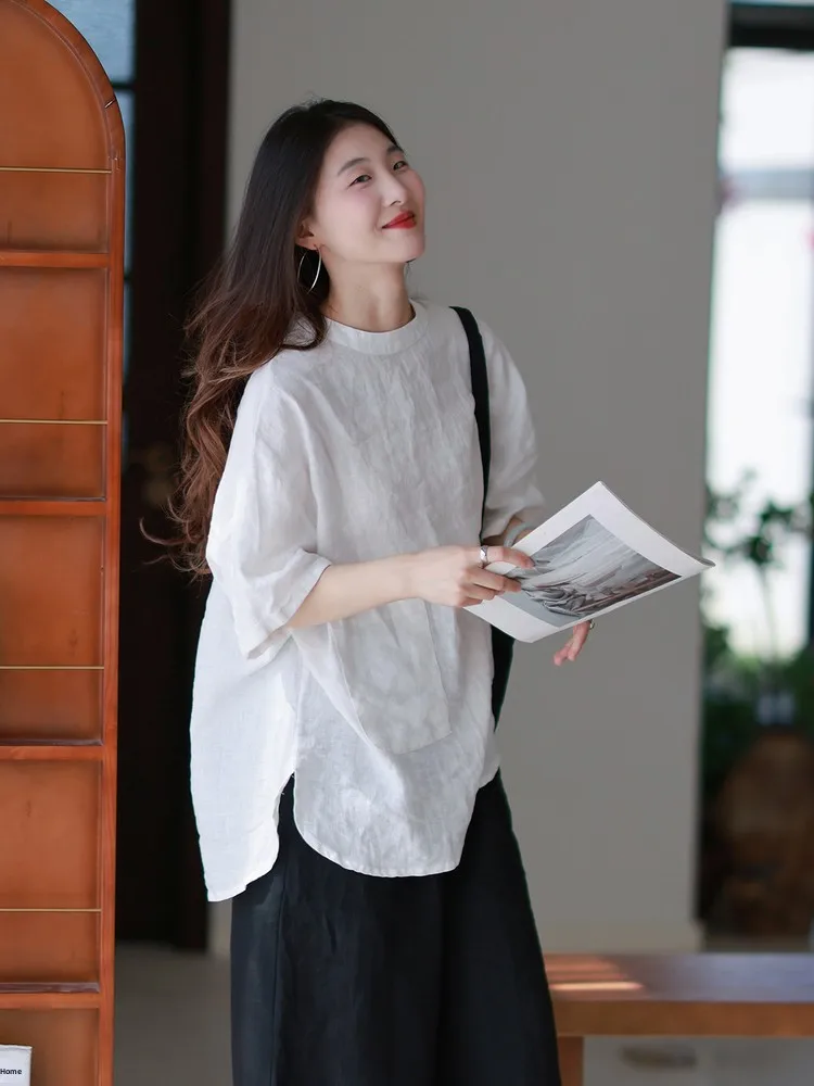 Original Women's Linen T-Shirt Summer 2026 Casual round Neck Short Sleeve with Big Pockets Straight Cut Commute Style Top