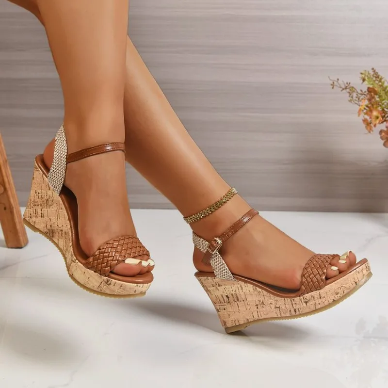 

Women Sandals Summer Buckle Strap Open Toe Shoes Ladies Large Size Wedge Sandals Women Round Head Bottom Shoes