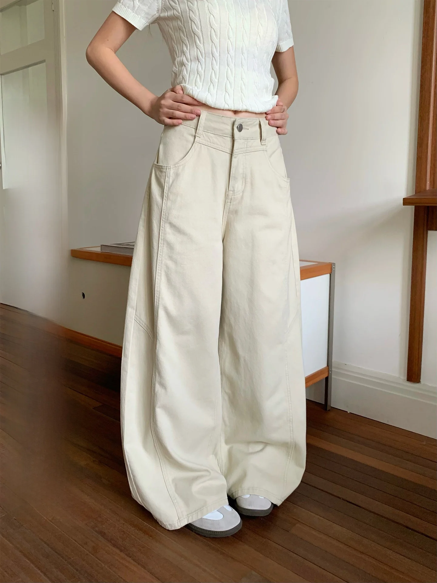 

Женские широкие джинсы цвета светло-хаки, свободные прямые длинные брюки с эффектом похудения, повседневные, с застежкой-молнией на талии