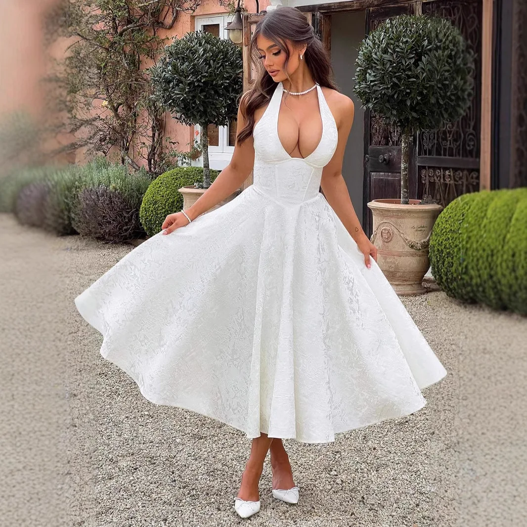 

High-end Jacquard Long Dress V-neck Sleeveless Strap Waist Holiday Solid New
