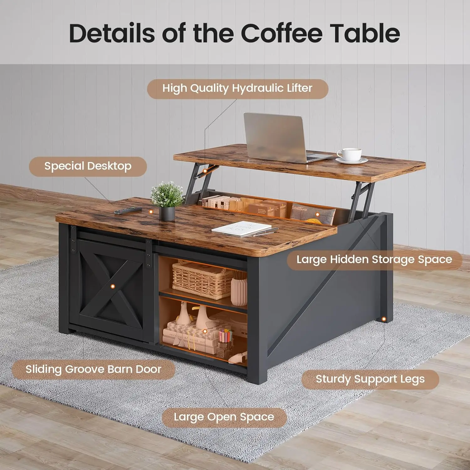 Tavolino da caffè con piano elevatore da 31.5 "con contenitore, tavolino quadrato per soggiorno, tavolino da fattoria con ampio spazio nascosto