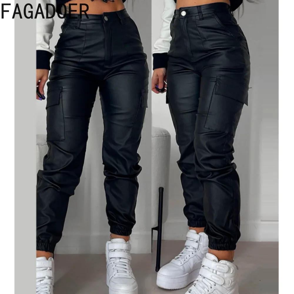 

FAGADOER Fashion PU Leather Skinny Pants Women High Waisted Button Trousers Autumn Female Solid Color Sporty Bottoms Streetwear