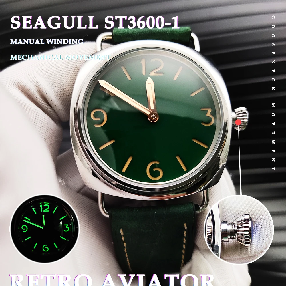 Men's Watch Reissue 45mm Vintage Pilot's Manual Mechanical Men's Watch Air Force Green Luminous Aseptic Dial ST3600-1 Caliber