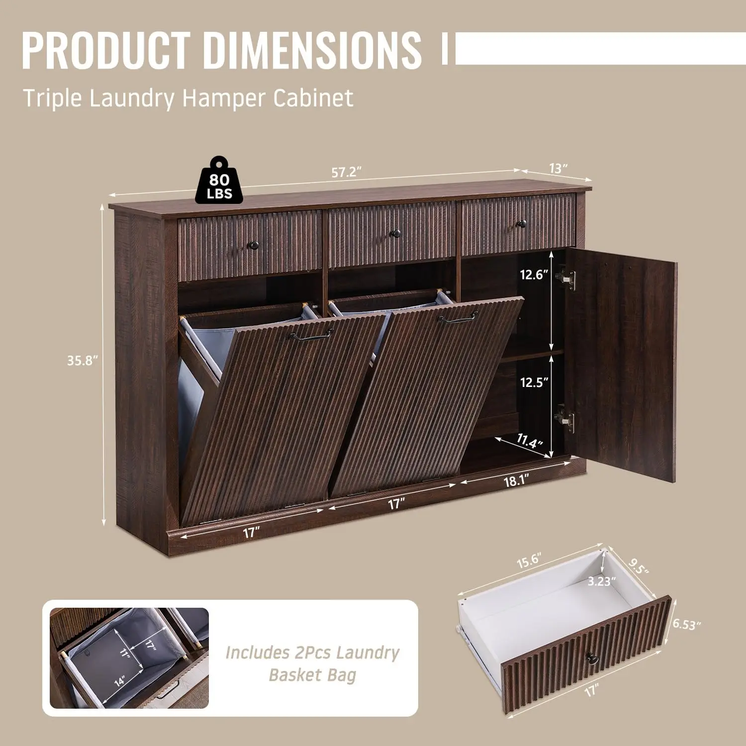 Triple Tilt Out Laundry Hamper Cabinet Trash Can Cabinet Brown Customized image 2
