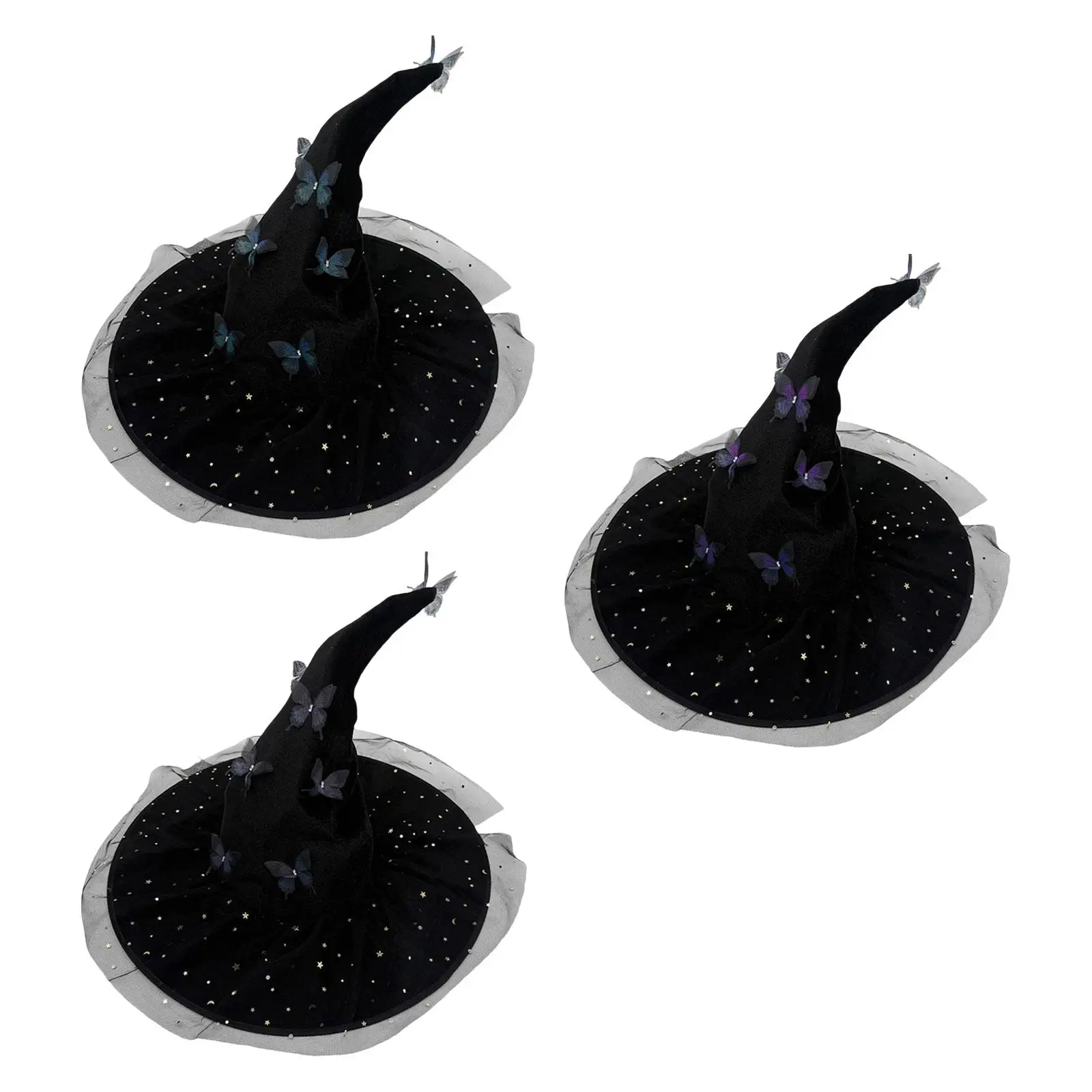 Sombrero de bruja de Halloween con mariposas y malla de estrella para fiesta de cosplay