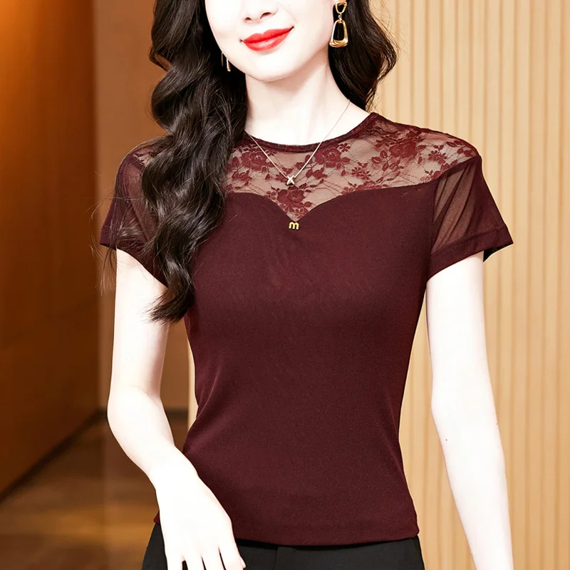 

New 2025 Summer Short Sleeved O-Neck Patchwork Mesh Tops Fashion Casual Sexy Hollow Out Women's T-Shirt Blusas