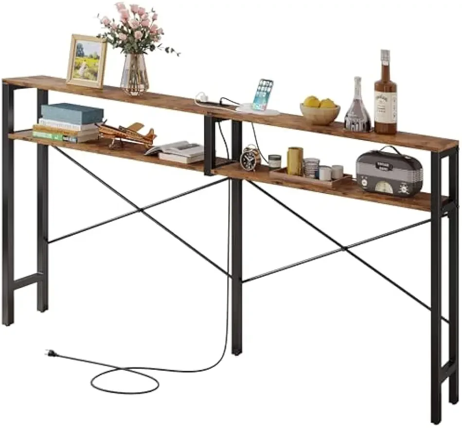 

Console Table with Power Outlet, Long Sofa Table with Shelves and X-Shaped Design, Narrow Sofa Entryway Behind Couch Table