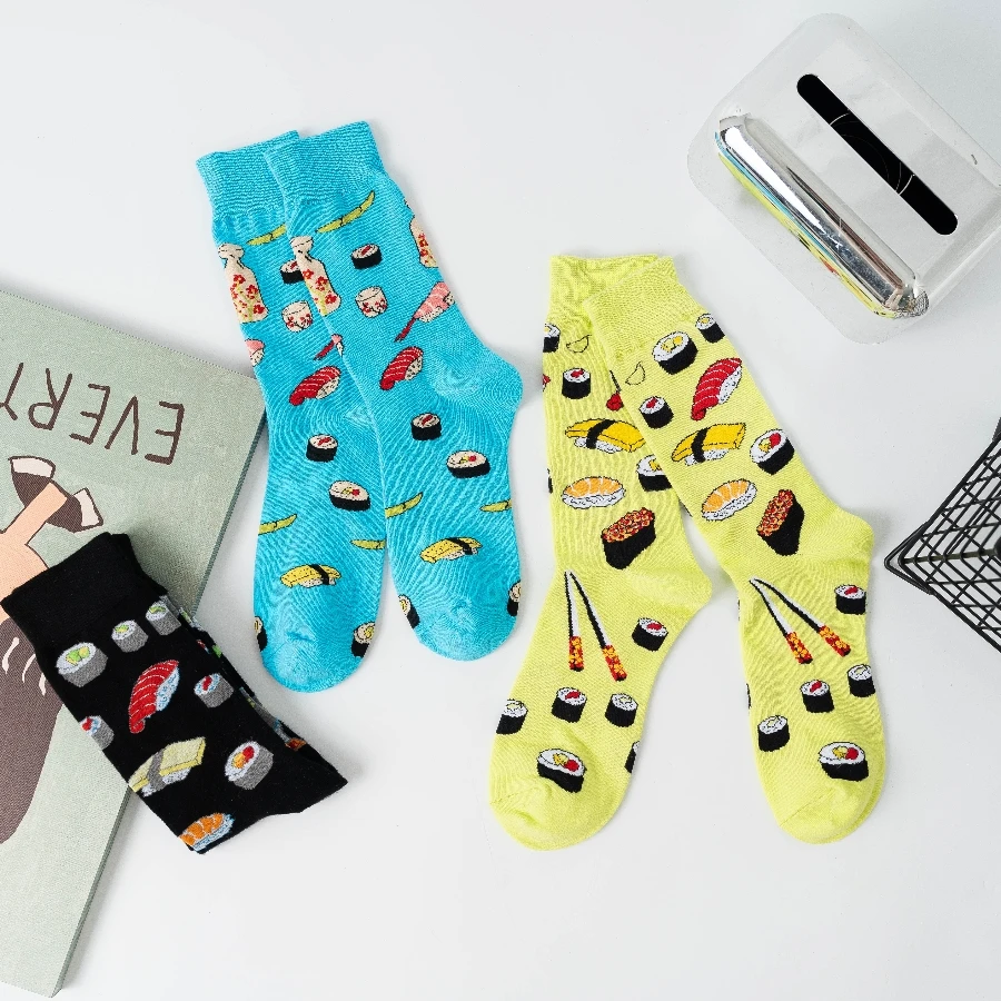 3 Pairs of New Sushi Pattern Men\'s Couple Cotton Socks Fashion Trend Tube Socks